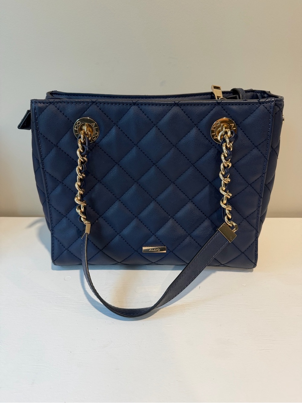 ALDO Quilted Navy Shoulder Bag with Gold Chain Handles